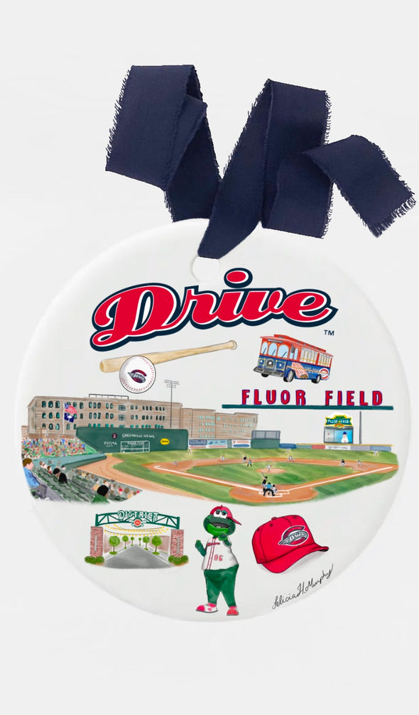 Greenville Drive Ceramic Ornament with Navy Ribbon