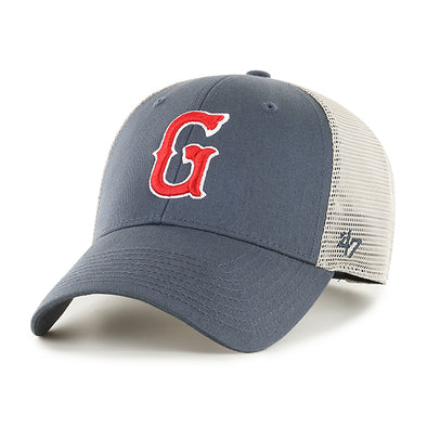 Greenville Drive 47 Brand Vintage Navy MVP Hat with Red G Logo and Mesh Back